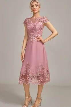Dusty Rose A-Line Tea-Length Mãe do vestido de noiva com lantejoulas