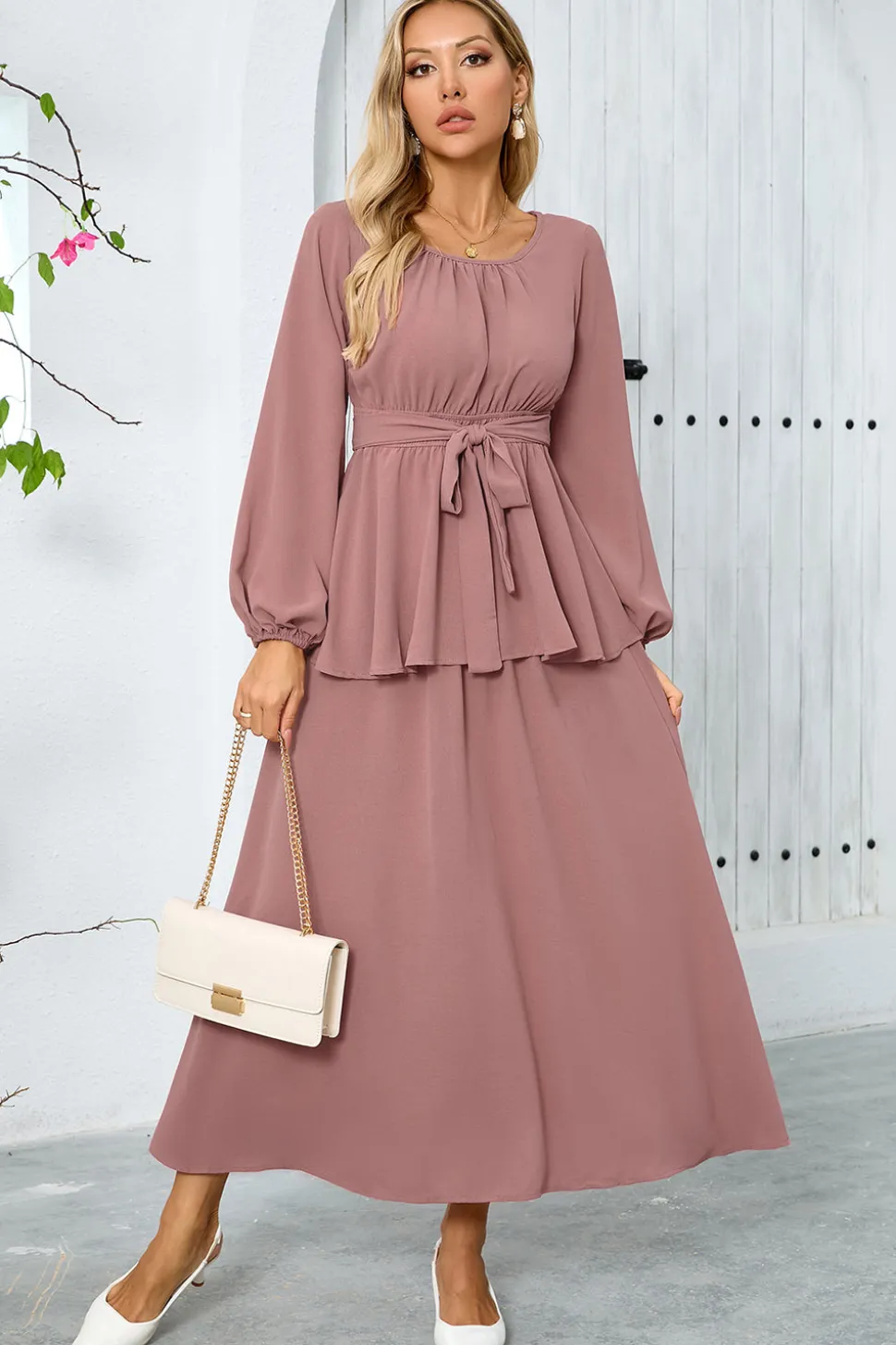 Dusty Rose A-Line Tiered Chiffon Vestido de festa longo com mangas compridas