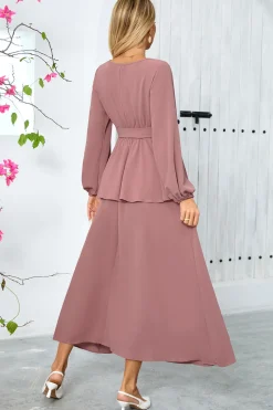 Dusty Rose A-Line Tiered Chiffon Vestido de festa longo com mangas compridas