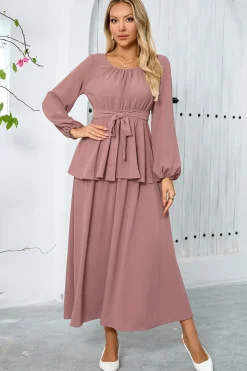 Dusty Rose A-Line Tiered Chiffon Vestido de festa longo com mangas compridas