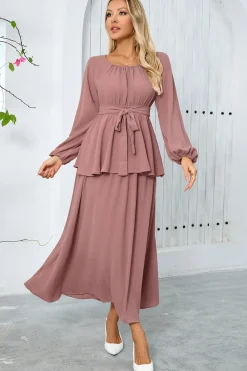 Dusty Rose A-Line Tiered Chiffon Vestido de festa longo com mangas compridas
