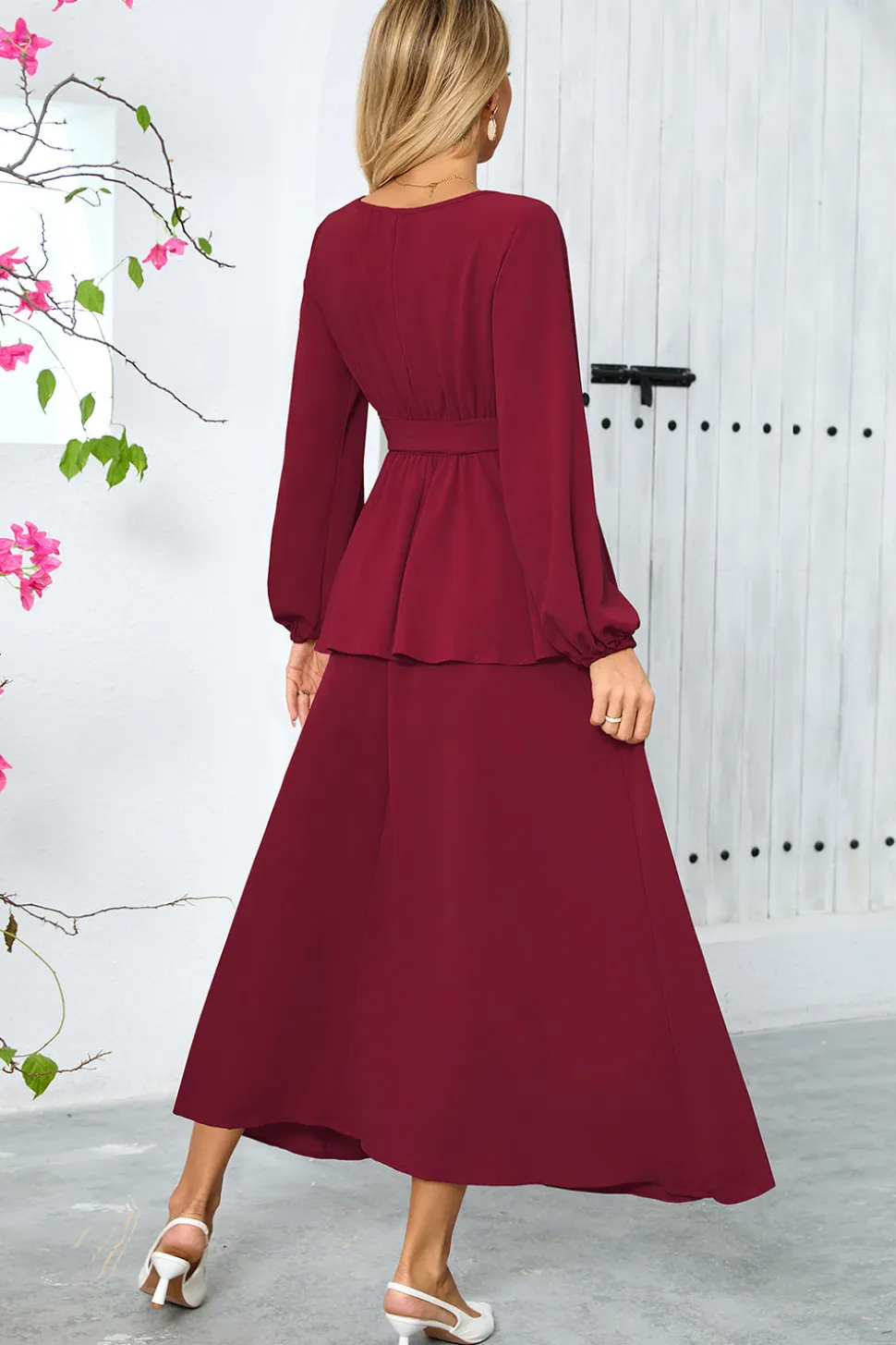 Dusty Rose A-Line Tiered Chiffon Vestido de festa longo com mangas compridas