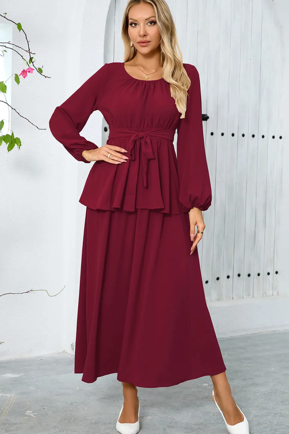 Dusty Rose A-Line Tiered Chiffon Vestido de festa longo com mangas compridas
