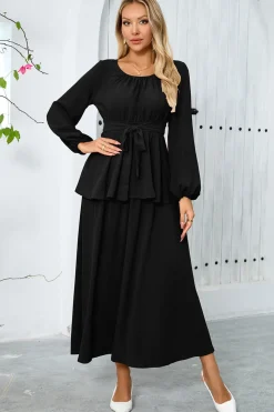 Dusty Rose A-Line Tiered Chiffon Vestido de festa longo com mangas compridas