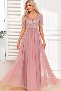 Dusty Rose A-Line V Neck Tulle Prom Vestido com mangas curtas