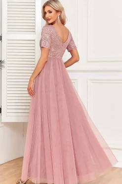 Dusty Rose A-Line V Neck Tulle Prom Vestido com mangas curtas
