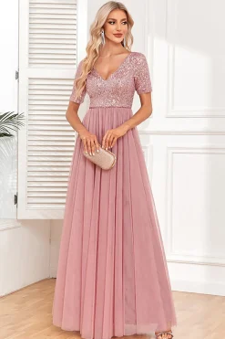 Dusty Rose A-Line V Neck Tulle Prom Vestido com mangas curtas