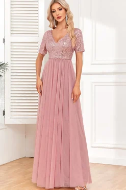 Dusty Rose A-Line V Neck Tulle Prom Vestido com mangas curtas