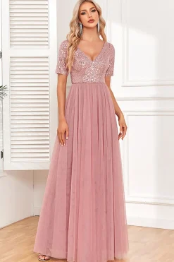 Dusty Rose A-Line V Neck Tulle Prom Vestido com mangas curtas