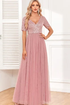 Dusty Rose A-Line V Neck Tulle Prom Vestido com mangas curtas