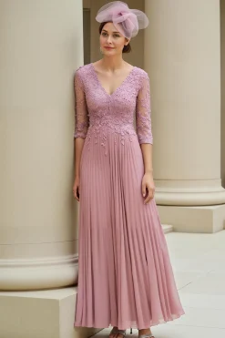 Dusty Rose A-Line V-Neck 3/4 Mangas Mãe do Vestido da Noiva com Apliques