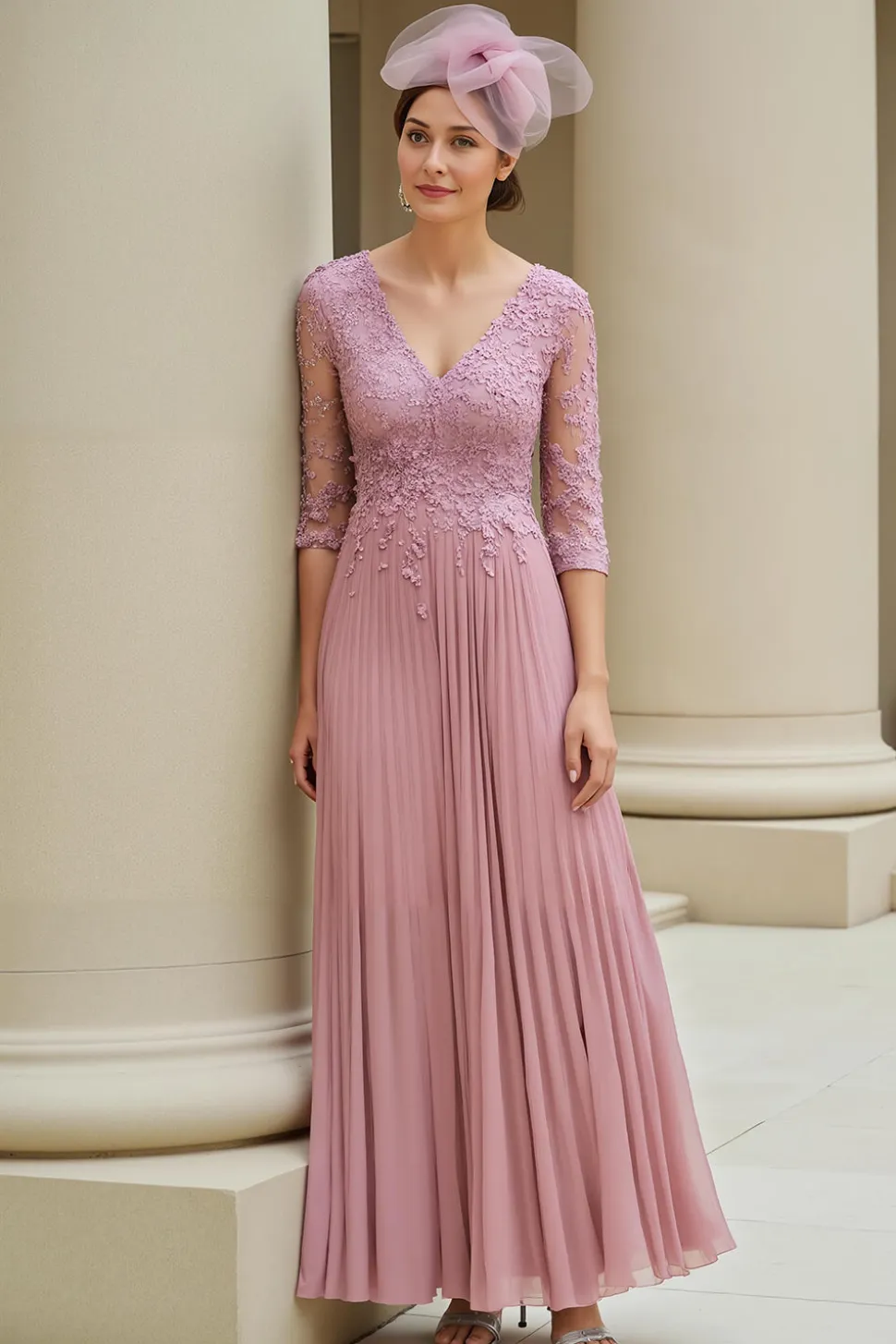 Dusty Rose A-Line V-Neck 3/4 Mangas Mãe do Vestido da Noiva com Apliques