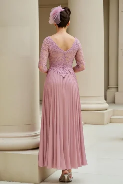 Dusty Rose A-Line V-Neck 3/4 Mangas Mãe do Vestido da Noiva com Apliques