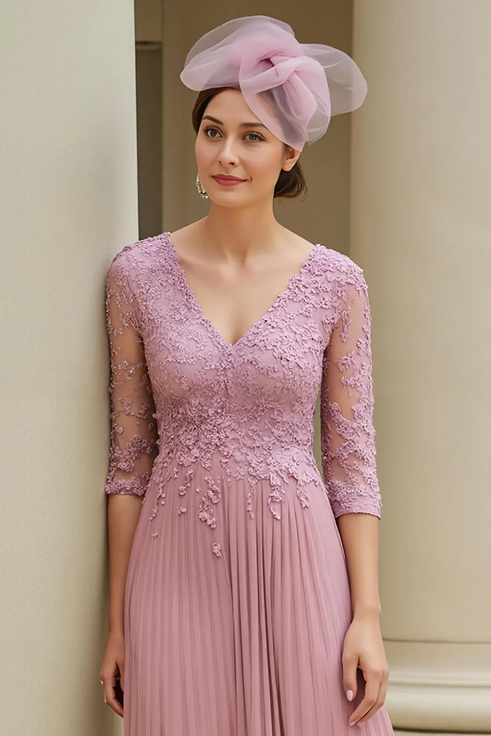 Dusty Rose A-Line V-Neck 3/4 Mangas Mãe do Vestido da Noiva com Apliques