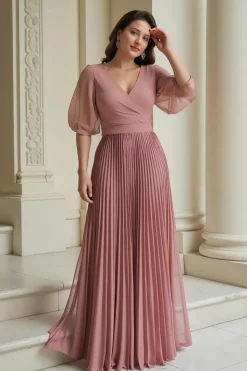 Dusty Rose A-Line V-Neck Chiffon Longa Mãe do Vestido da Noiva com Folhos