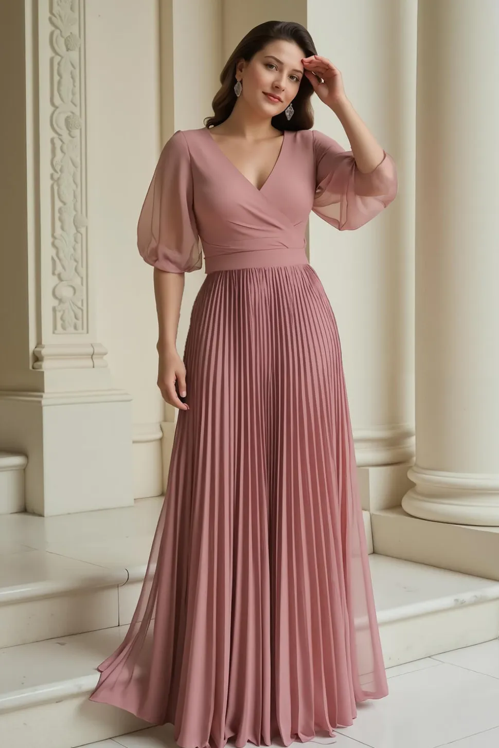 Dusty Rose A-Line V-Neck Chiffon Longa Mãe do Vestido da Noiva com Folhos