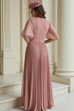 Dusty Rose A-Line V-Neck Chiffon Longa Mãe do Vestido da Noiva com Folhos