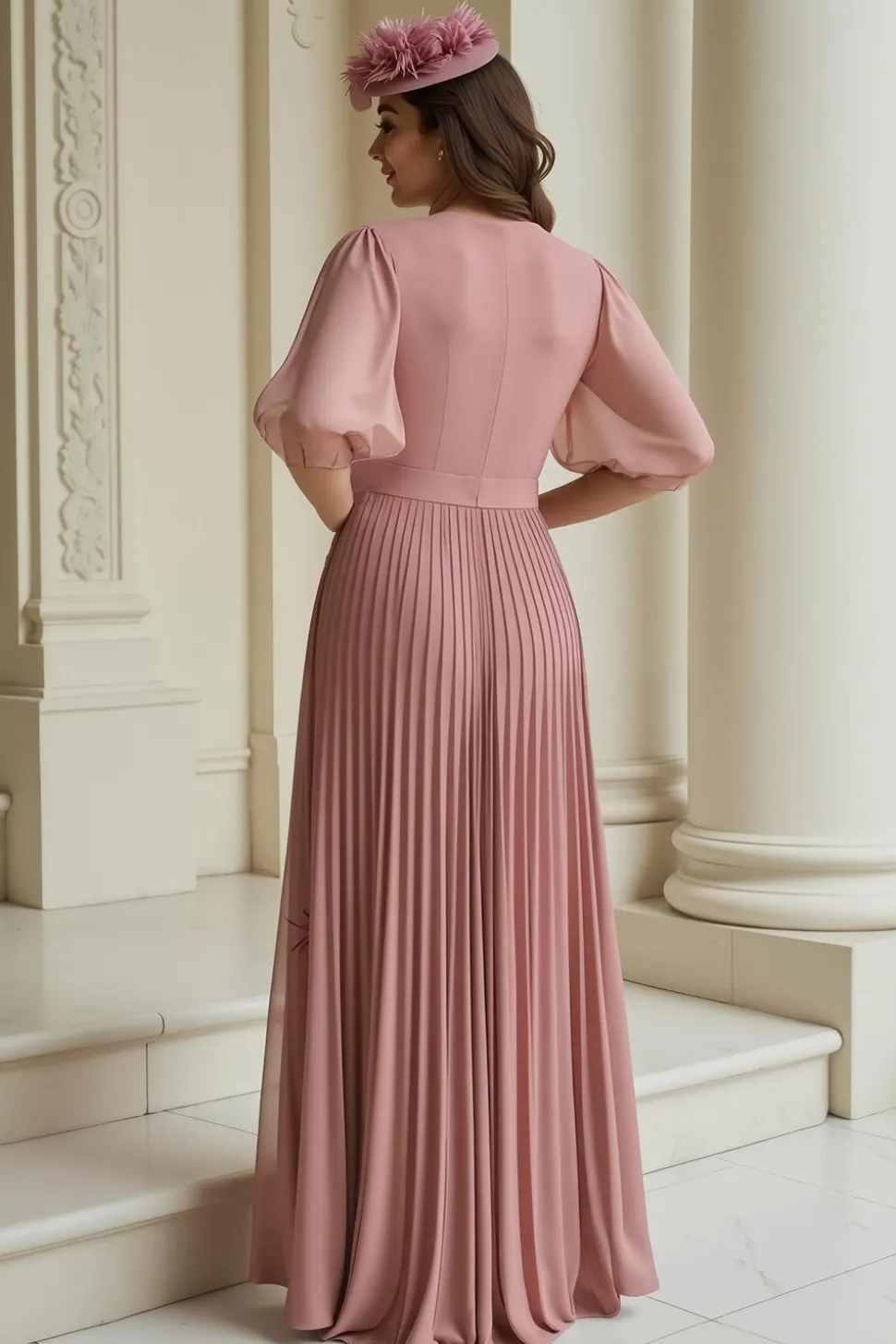 Dusty Rose A-Line V-Neck Chiffon Longa Mãe do Vestido da Noiva com Folhos