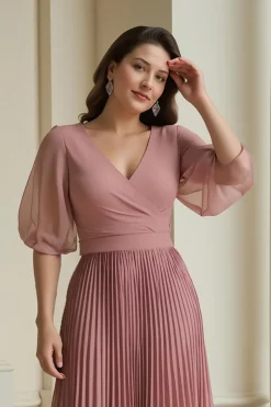 Dusty Rose A-Line V-Neck Chiffon Longa Mãe do Vestido da Noiva com Folhos