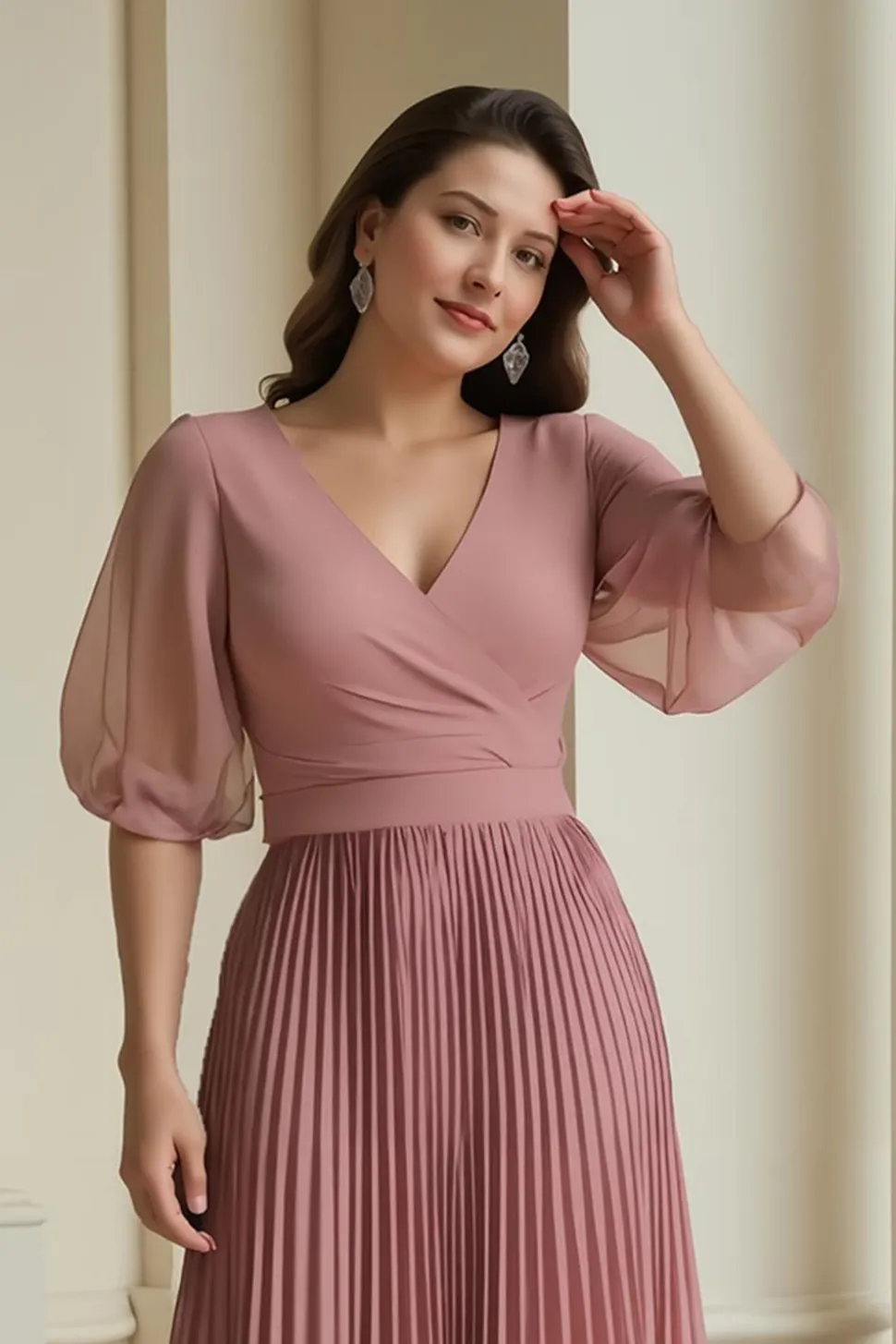 Dusty Rose A-Line V-Neck Chiffon Longa Mãe do Vestido da Noiva com Folhos