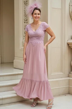 Dusty Rose A-Line V-Neck Long Mãe do Vestido da Noiva com Renda