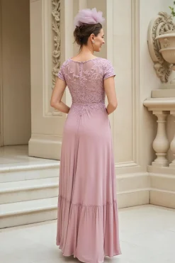 Dusty Rose A-Line V-Neck Long Mãe do Vestido da Noiva com Renda