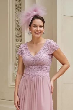Dusty Rose A-Line V-Neck Long Mãe do Vestido da Noiva com Renda