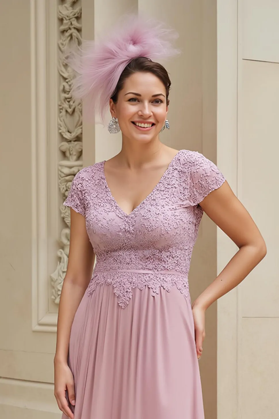 Dusty Rose A-Line V-Neck Long Mãe do Vestido da Noiva com Renda