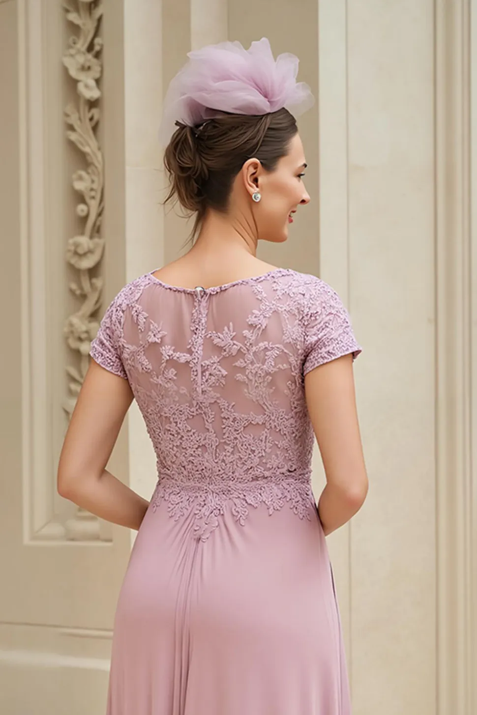 Dusty Rose A-Line V-Neck Long Mãe do Vestido da Noiva com Renda