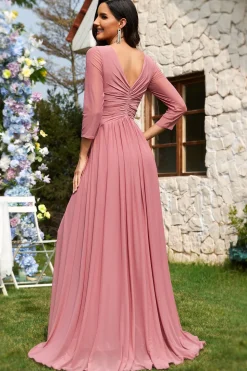 Dusty Rose A-Line V-neck mangas longas Chiffon longo vestido formal