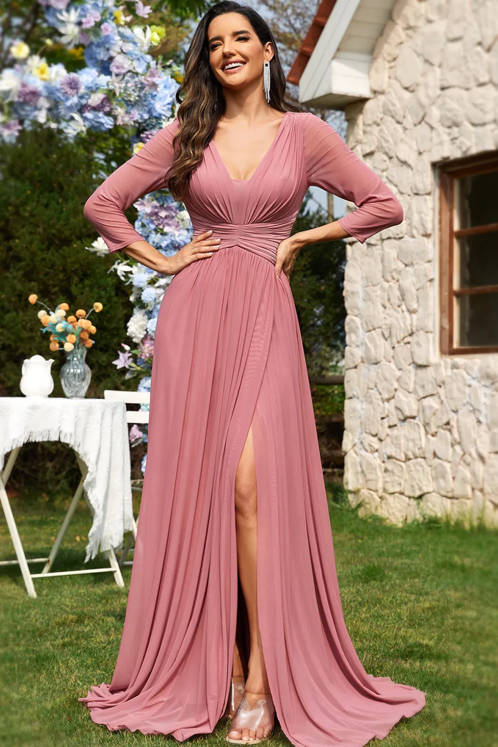 Dusty Rose A-Line V-neck mangas longas Chiffon longo vestido formal