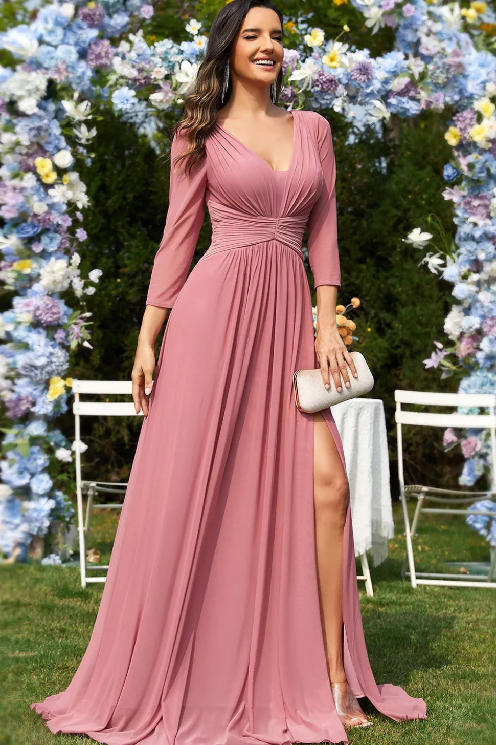 Dusty Rose A-Line V-neck mangas longas Chiffon longo vestido formal