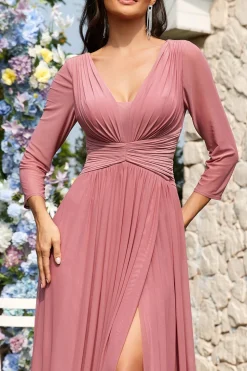 Dusty Rose A-Line V-neck mangas longas Chiffon longo vestido formal