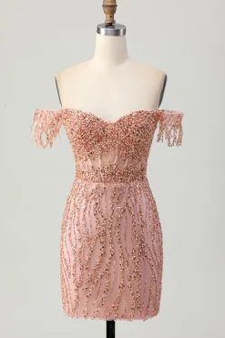 Dusty Rose Bodycon Off The Shoulder Corset Vestido Curto Homecoming com Missangas