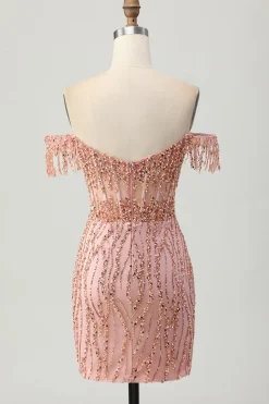 Dusty Rose Bodycon Off The Shoulder Corset Vestido Curto Homecoming com Missangas