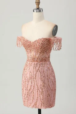 Dusty Rose Bodycon Off The Shoulder Corset Vestido Curto Homecoming com Missangas