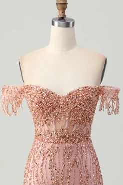 Dusty Rose Bodycon Off The Shoulder Corset Vestido Curto Homecoming com Missangas