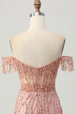 Dusty Rose Bodycon Off The Shoulder Corset Vestido Curto Homecoming com Missangas