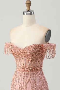 Dusty Rose Bodycon Off The Shoulder Corset Vestido Curto Homecoming com Missangas