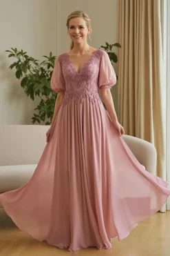 Dusty Rose Chiffon Appliqued Uma Linha Mãe do Vestido da Noiva com Mangas Puff