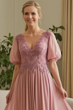 Dusty Rose Chiffon Appliqued Uma Linha Mãe do Vestido da Noiva com Mangas Puff
