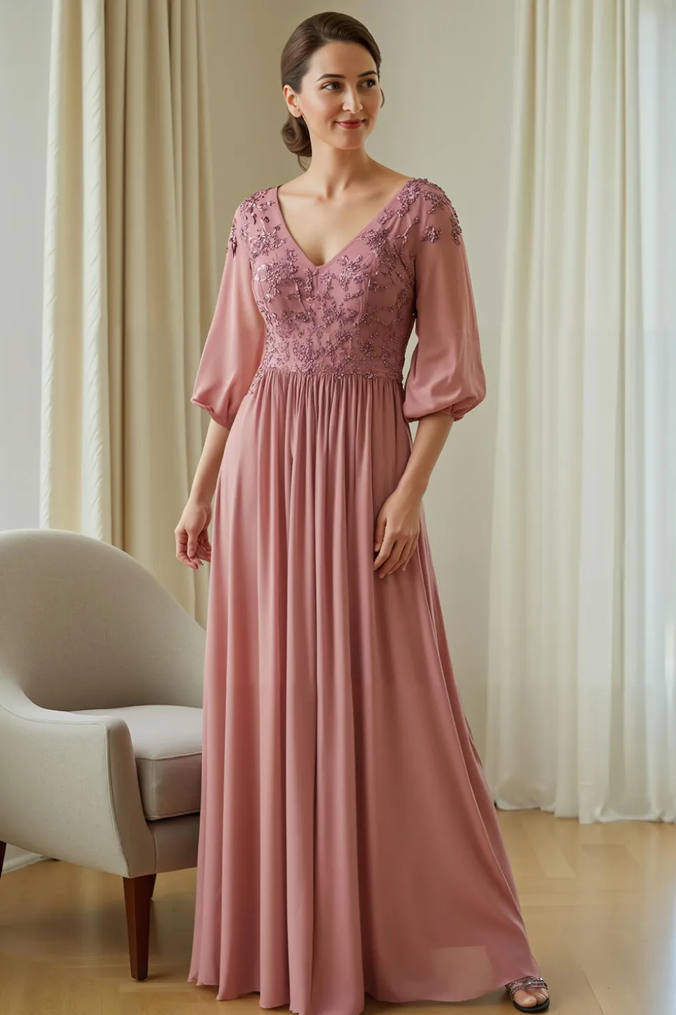 Dusty Rose Chiffon Mãe do Vestido da Noiva com Apliques