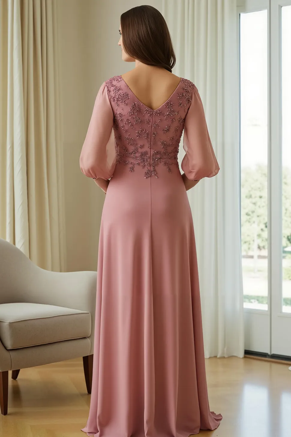 Dusty Rose Chiffon Mãe do Vestido da Noiva com Apliques
