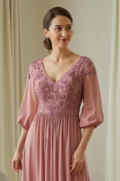 Dusty Rose Chiffon Mãe do Vestido da Noiva com Apliques