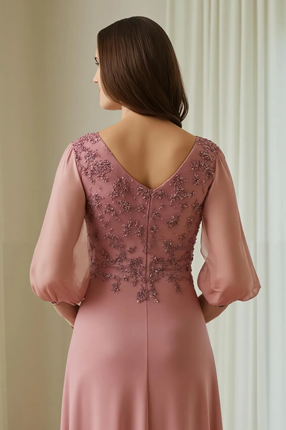 Dusty Rose Chiffon Mãe do Vestido da Noiva com Apliques