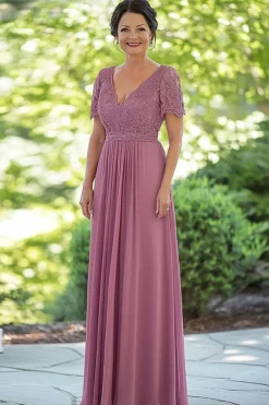 Dusty Rose Chiffon Uma Linha V Neck Lace Mãe do Vestido da Noiva com Mangas Curtas