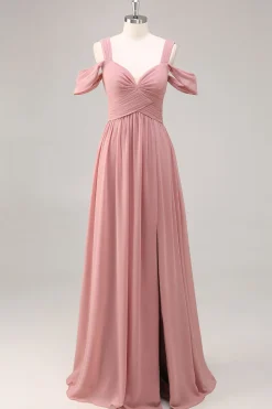 Dusty Rose Cold Shoulder Chiffon Ruched vestido longo da dama de honra com fenda