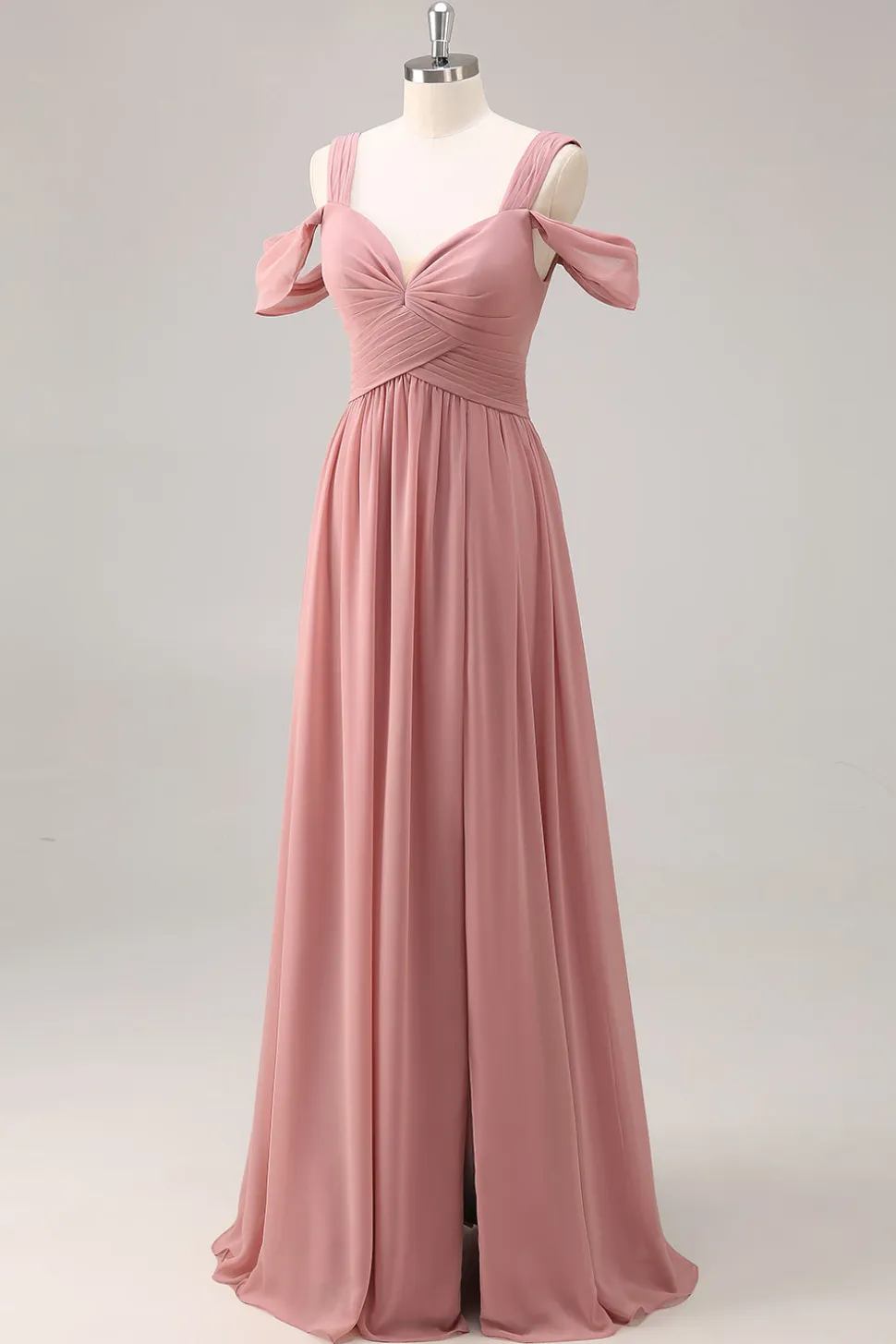 Dusty Rose Cold Shoulder Chiffon Ruched vestido longo da dama de honra com fenda