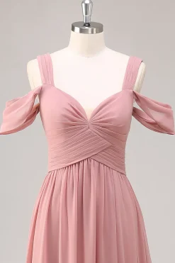 Dusty Rose Cold Shoulder Chiffon Ruched vestido longo da dama de honra com fenda