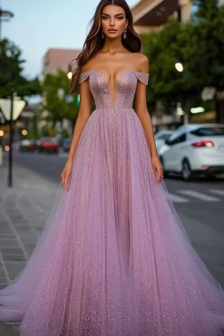 Dusty Rose Glitter Fora do Ombro A-Line Long Prom Dress